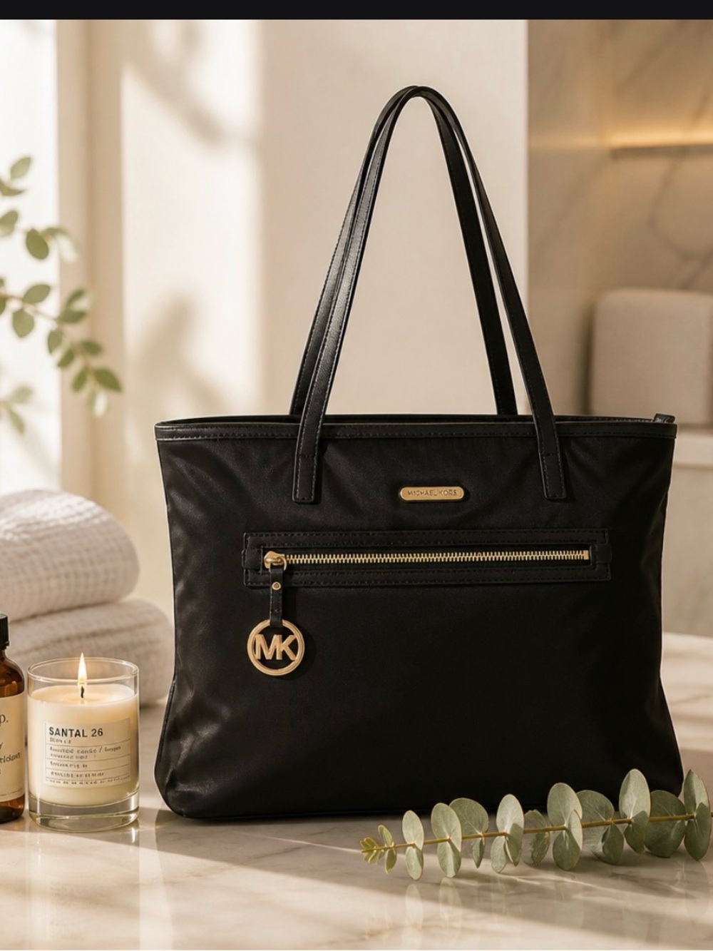 Michael Kors Black Tote with Gold MK Charm @spa items